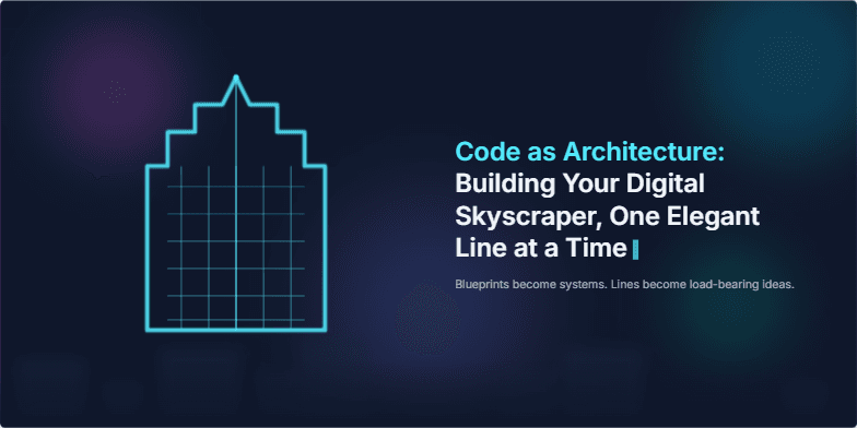 Title slide for 'Code as Architecture'. On the left, an animated cyan blueprint of a skyscraper draws itself on a dark background. On the right, the title glows in white and cyan, with a pulsing cursor at the end. The background features a subtle grid and abstract, out-of-focus city lights.
