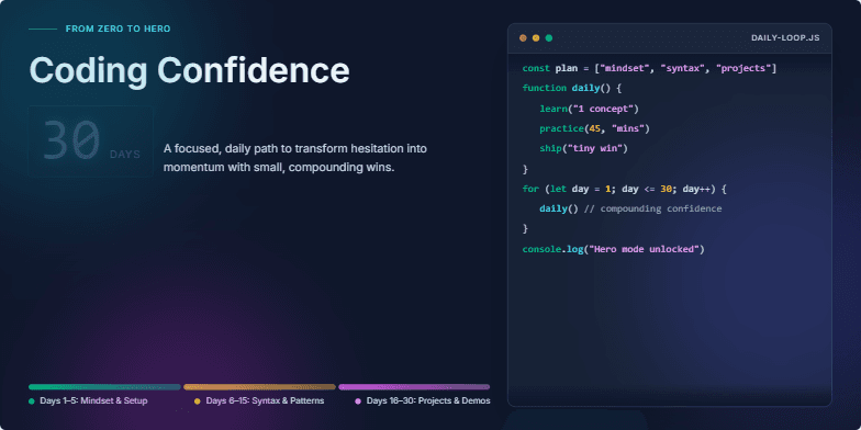 A dark-themed slide with neon-highlighted code, a futuristic title 'Coding Confidence in 30 Days: From Zero to Hero,' and a digital countdown timer emphasizing the 30-day challenge.
