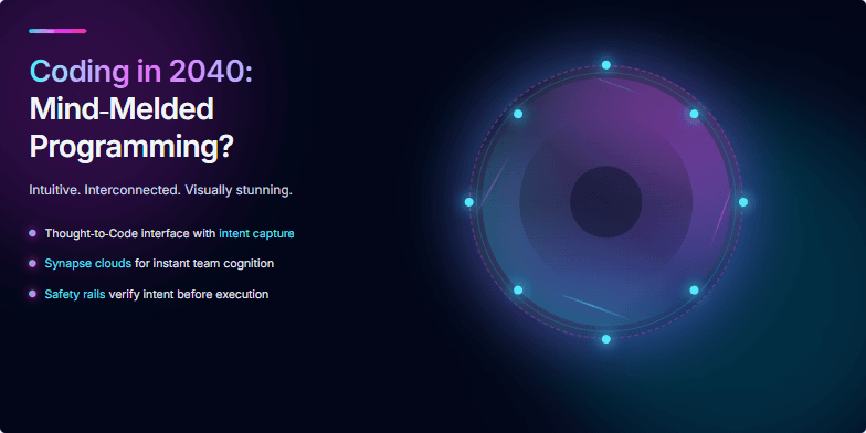 A futuristic cyberpunk visualization of a holographic brain with pulsating neon lights representing code flow, symbolizing the concept of mind-melded programming in 2040.