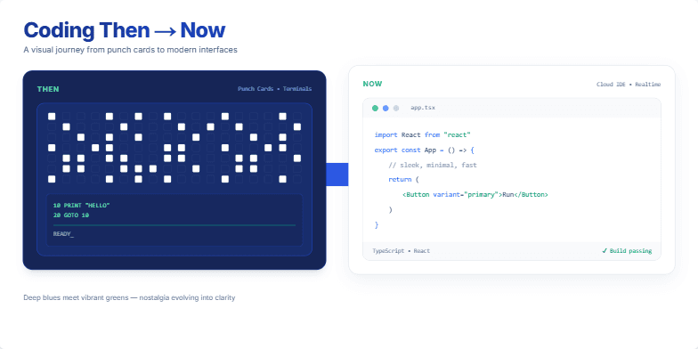 A slide depicting the evolution of coding. On the left, a punch card represents older methods; on the right, a sleek modern IDE shows current practices. A dynamic morphing animation bridges the two, symbolizing the transition through time.
