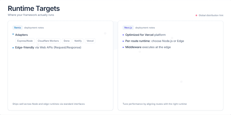 A slide titled 'Runtime Targets' comparing Remix and Next.js. On the left, a card for Remix details its adapter model for platforms like Node, Cloudflare, and Vercel. On the right, a card for Next.js highlights its optimization for Vercel and per-route runtime selection. A faint world map is in the background, with animated red pins appearing across continents to signify global distribution.