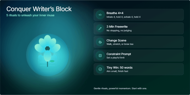 A slide titled 'Conquer Writer's Block: 5 Rituals to Unleash Your Inner Muse.' Deep blue and green watercolor washes create a serene backdrop. An animated inkwell transforms into a blossoming flower. Five icons represent rituals like breathing exercises, freewriting, changing scenes, constraint prompts, and aiming for tiny wins.
