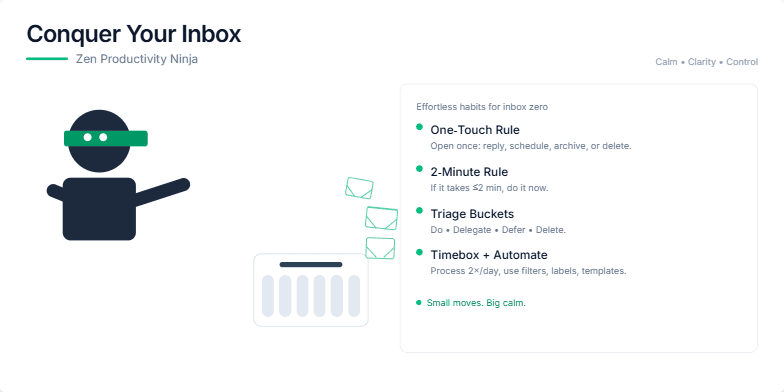 A minimalist slide with a stylized ninja throwing email icons into a shredder. Text highlights productivity tips like the One-Touch Rule and 2-Minute Rule, promoting a calm and controlled approach to inbox zero.
