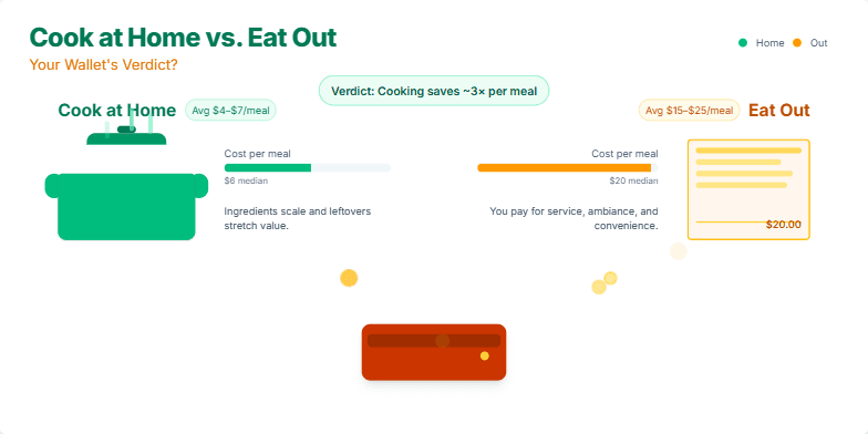 Slide comparing the cost of cooking at home versus eating out. A steaming pot and a restaurant bill are shown, with animated coins flowing towards them, representing the money spent. Bar graphs illustrate the average cost per meal for each option, with home cooking being significantly cheaper.