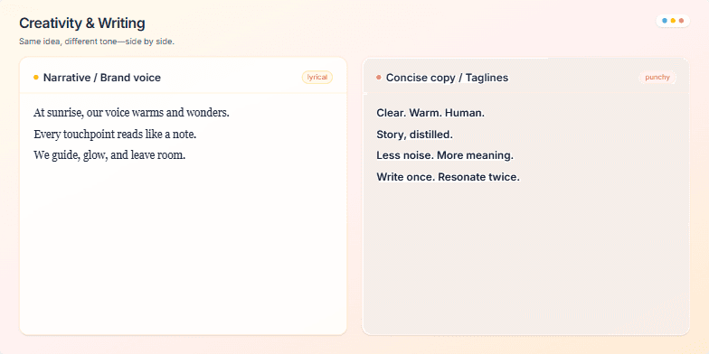 Slide showcasing two contrasting writing styles: narrative/brand voice (lyrical, warm) and concise copy/taglines (punchy, clear). Color-coded sections and distinct fonts emphasize the difference, while animations draw attention to each style.