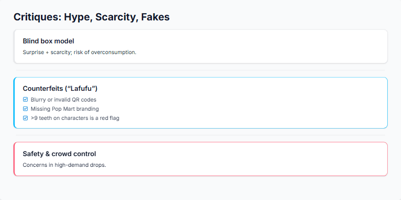 A slide titled 'Critiques: Hype, Scarcity, Fakes' with three information blocks. The first, 'Blind box model,' discusses surprise and scarcity. The second, 'Counterfeits,’ has a checklist for identifying fakes. The third, 'Safety & crowd control,' addresses concerns during high-demand drops.