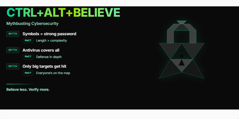 A dark-themed slide with neon green accents and a data stream background. A low-poly padlock breaks apart and reforms. Text reads 'Ctrl+Alt+Believe: Mythbusting Cybersecurity'. Myths and facts about cybersecurity are presented in a dynamic, glitching style.