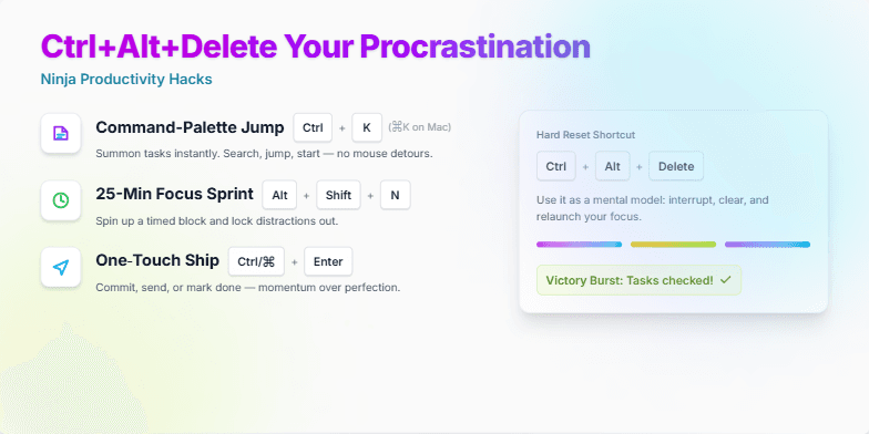 A slide titled 'Ctrl+Alt+Delete Your Procrastination: Ninja Productivity Hacks' showcasing three productivity hacks with animated icons, keyboard shortcuts, and a celebratory confetti animation on a vibrant neon-colored background.