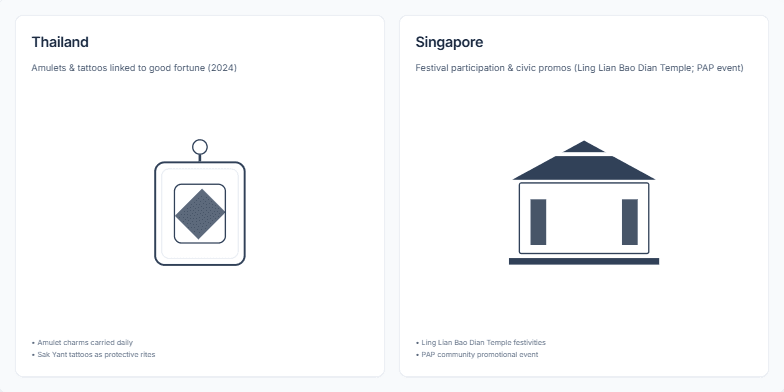 A slide comparing cultural touchpoints in Thailand and Singapore. Thailand is represented by an amulet icon and the text 'Amulets & tattoos linked to good fortune'. Singapore is represented by a temple icon and the text 'Festival participation & civic promos'.