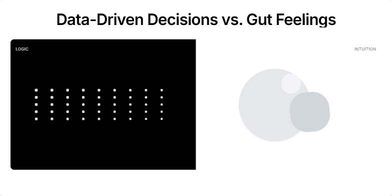 A split-screen slide contrasting data-driven decisions (represented by animated black dots on a white background) and gut feelings (illustrated by morphing gray blobs on a white background). The title 'Data-Driven Decisions vs. Gut Feelings' appears prominently in the center.