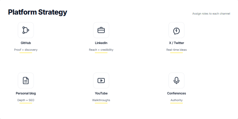A slide titled 'Platform Strategy' with the subtitle 'Assign roles to each channel'. Below is a 2x3 grid of six cards. Each card represents a channel (GitHub, LinkedIn, X/Twitter, Blog, YouTube, Conferences) with a unique icon and a short description of its strategic purpose, such as 'Proof + discovery' for GitHub and 'Reach + credibility' for LinkedIn.