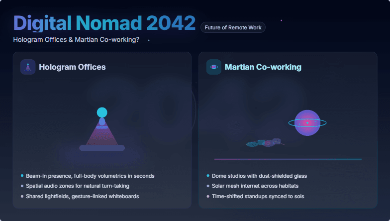 A futuristic slide depicting the potential of remote work in 2042, showcasing 'Hologram Offices' and 'Martian Co-working' against a backdrop of space with cool blue and purple hues.