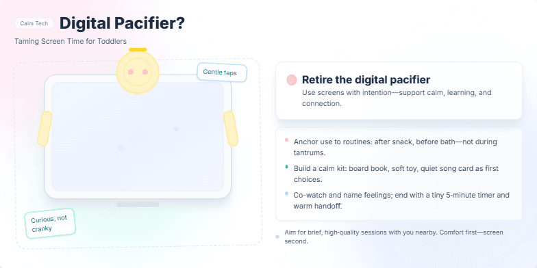 A stylized tablet with soft, pastel colors and a hand-drawn child interacting with it. The title 'Digital Pacifier?' emphasizes the theme of managing toddler screen time.
