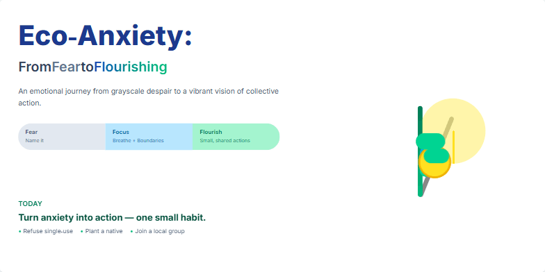 A slide visualizing the transition from eco-anxiety to flourishing. A wilting grayscale flower blooms into vibrant color as the slide progresses, culminating in a sunburst of optimism. A step bar illustrates the journey from fear to focus to flourish.
