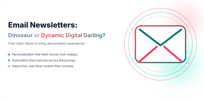 A slide with a vibrant coral and teal color scheme. A pixelated email icon morphs into a sleek, modern design. Animated text highlights benefits like personalization and automation.