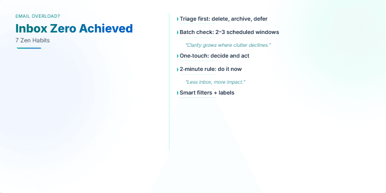 A slide titled 'Inbox Zero Achieved: 7 Zen Habits' showcasing seven habits for managing email overload with a clean, minimalist design in calming shades of blue and green. Each habit is revealed with a gentle unfolding animation resembling a blooming lotus flower.