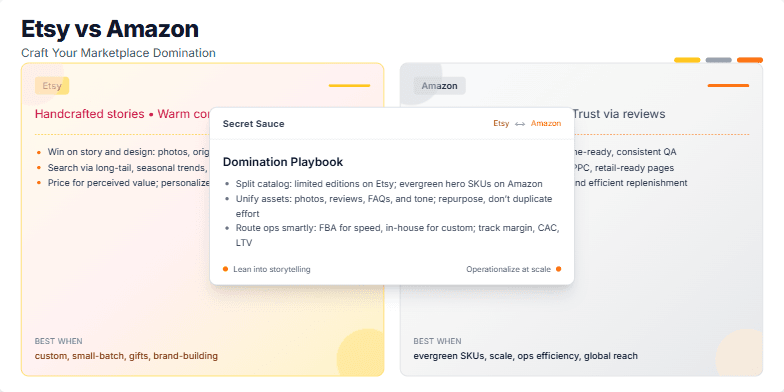 Slide comparing Etsy and Amazon for handmade sellers. Two panels highlight key differences in brand identity, target audience, and selling strategies. A central element reveals the 'secret sauce' for success on both platforms.