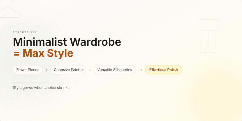 A slide promoting minimalist wardrobes with the title 'Experts Say: Minimalist Wardrobe = Max Style'. Subtle animations of clothing icons and a soft color palette evoke effortless chic.