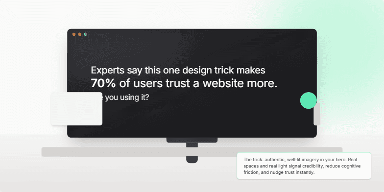 An abstract slide design representing a computer screen on a desk. The central dark panel displays the title: 'Experts Say This One Design Trick Makes 70% of Users Trust a Website More. Are You Using It?'. A soft green light pulses in the background, set against a muted cream and gray color scheme.