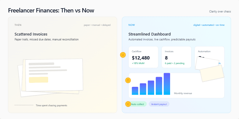 A split-screen slide comparing freelancer finances 'Then vs Now.' The 'Then' side depicts chaotic paperwork and manual processes in muted tones. The 'Now' side showcases a streamlined digital dashboard and automated payments in vibrant colors, with animated coins and rising graphs illustrating improved financial management.