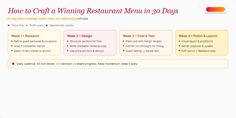 A slide showcasing a 30-day plan for crafting a winning restaurant menu. The slide is designed with warm bistro colors and features hand-drawn typography. It is divided into four weekly sections, each highlighting key tasks for menu development, from research and design to costing, testing, and launch. Subtle animations of steam and sizzling pans add a touch of culinary appeal, while close-up shots of delectable dishes tantalize the viewer. The overall design is inviting and informative, suggesting an achievable path to creating a successful restaurant menu.