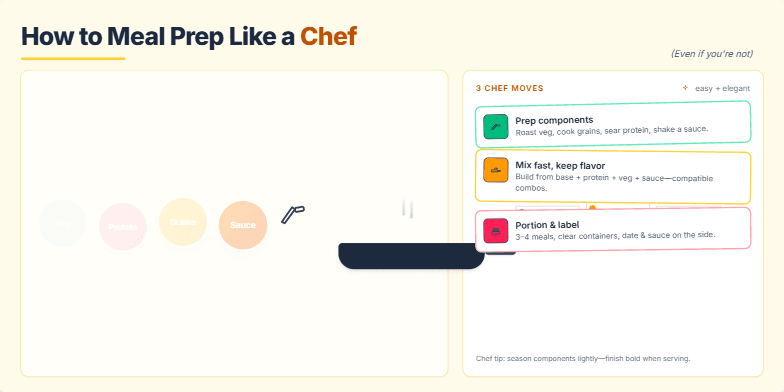 A slide illustrating how to meal prep like a chef. It shows ingredients transforming into portioned meals with icons and text explaining the three key steps: prepping components, mixing fast, and portioning.