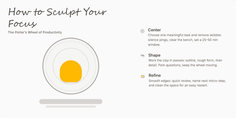 A slide titled 'How to Sculpt Your Focus: The Potter's Wheel of Productivity' features an animated potter's wheel shaping clay, symbolizing focus. Minimalist icons representing a target, spatula, and sponge accompany text describing a three-step process: Center, Shape, and Refine.