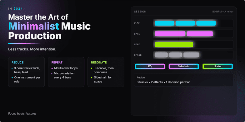 A dark-themed slide with neon accents showcases the title 'In 2024: Master the Art of Minimalist Music Production.' The slide visually represents a simplified digital audio workstation with minimal tracks and effects, emphasizing key principles like 'Reduce,' 'Repeat,' and 'Resonate.'