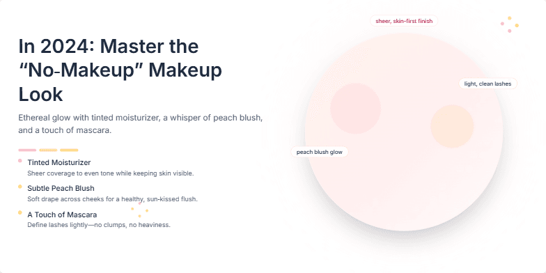 A soft, glowing sphere with peach and cream tones represents the 'no-makeup' makeup look. Subtle animations and text highlight key elements like tinted moisturizer, blush, and mascara.
