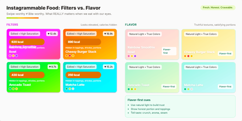 A slide contrasting heavily filtered food photos with naturally lit ones, revealing the hidden calories behind the filters. It emphasizes the difference between 'Instagrammable' and healthy eating.