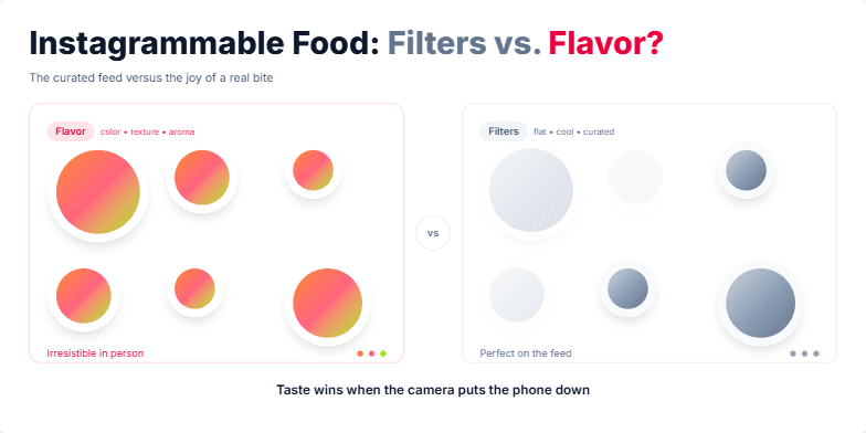 Slide depicting the contrast between vibrant, flavorful food and muted, filtered food images. Two panels, one labeled 'Flavor' with bright colors and one labeled 'Filters' with desaturated colors, showcase the difference. Animated food dishes float within each panel. The title 'Instagrammable Food: Filters vs. Flavor?' emphasizes the central theme.