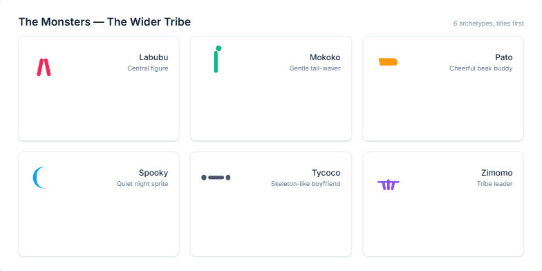 A slide displaying a 2x3 grid of monster characters. Each tile shows the monster's stylized icon, name, and short description.