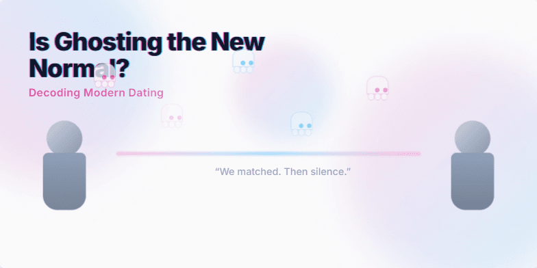 A vaporwave-themed slide with pastel pink and blue gradients, glitching text that reads 'Is Ghosting the New Normal? Decoding Modern Dating,' stylized silhouette figures, and animated ghost icons. Short quotes about ghosting fade in and out, emphasizing the emotional impact.
