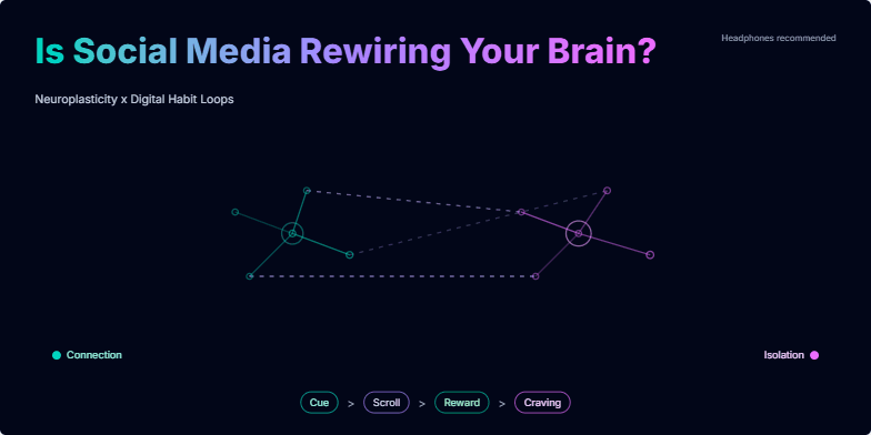 Dark background with vibrant neon title: 'Is Social Media Rewiring Your Brain?'. Animated neural pathways in teal and fuchsia pulse, representing connection and isolation. A visual habit loop (Cue > Scroll > Reward > Craving) illustrates the formation of digital habits.