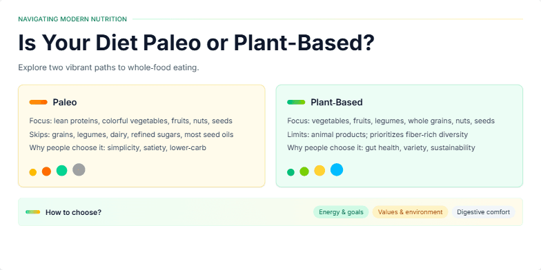 Slide comparing Paleo and Plant-Based diets. Two panels highlight key aspects of each diet with vibrant colors and smooth animations.