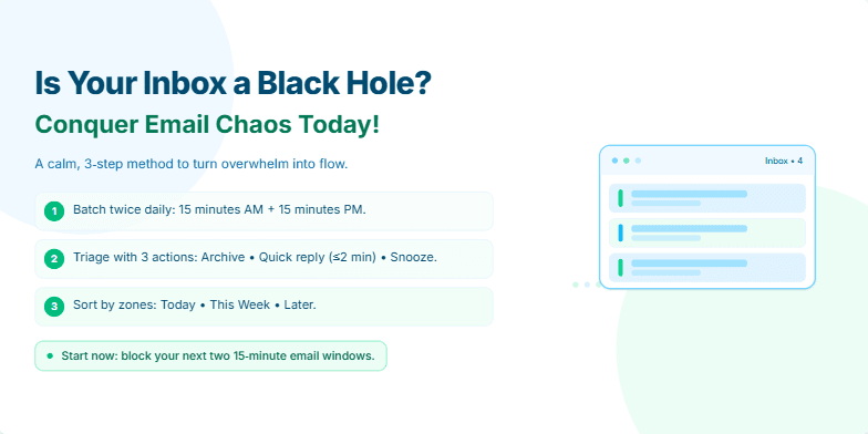 A minimalist slide with a blue and green color scheme. A paper airplane transforms into a neatly organized inbox. Actionable tips on email management are highlighted.