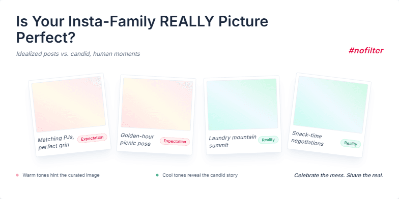 A slide with a pastel background and animated Polaroid images contrasting idealized family photos with humorous, candid moments. The title 'Is Your Insta-Family REALLY Picture Perfect? #nofilter' emphasizes the theme of authenticity on social media.