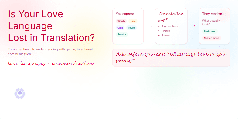 A slide with a soft watercolor background, blooming flower animations, and handwritten script titles exploring the concept of love languages and communication gaps in relationships.