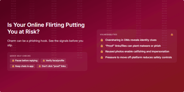 A slide with a dark red background and cascading binary code. The title asks 'Is Your Online Flirting Putting You at Risk?' and the slide lists online vulnerabilities and quick self-checks for staying safe.