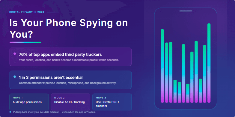 A cyberpunk-themed slide visualizing data streams flowing from a smartphone, highlighting the issue of digital privacy in 2024 with statistics on app trackers and permissions.