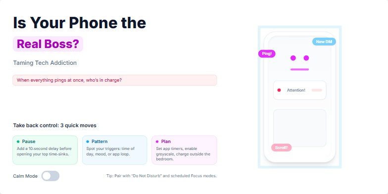 A stylized phone character, animated to represent the demanding nature of tech addiction, is central. Surrounding text highlights the theme "Is Your Phone the Real Boss? Taming Tech Addiction" and provides actionable steps to regain control. The color palette uses calming pastels contrasted with vibrant neon accents. In a less prominent state, the phone character appears calmer with surrounding pings and notification alerts toned down or removed.