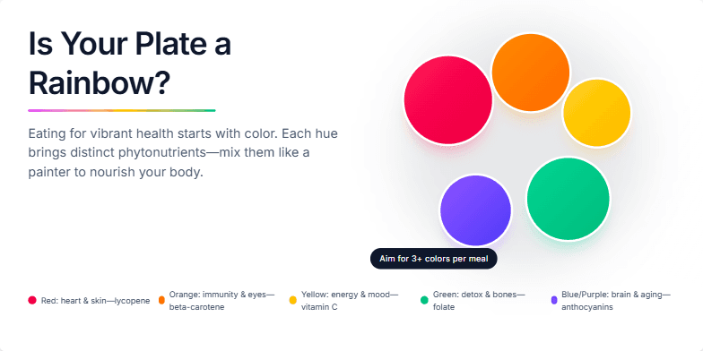 A dark background contrasts with brightly colored circles representing fruits and vegetables arranged like a painter's palette. A shimmer animation highlights the textures. Text reads 'Is Your Plate a Rainbow? Eating for Vibrant Health'. A caption encourages aiming for 3+ colors per meal.