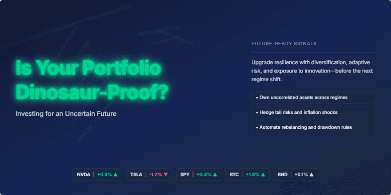 A dark blue slide with a fading low-poly dinosaur skeleton and glowing green title: 'Is Your Portfolio Dinosaur-Proof? Investing for an Uncertain Future'. Modern stock tickers and actionable investment advice complete the visual.