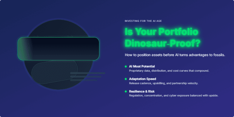 A stylized T-Rex skeleton wearing a futuristic VR headset against a dark blue background. The title 'Is Your Portfolio Dinosaur-Proof? Investing for the AI Age' is displayed in neon green.