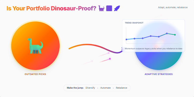 A slide depicting a dinosaur transforming into a rocket, symbolizing the shift from outdated investment strategies to modern, adaptive approaches. A meteor shower of data points illustrates market volatility, while a small chart highlights the performance advantage of data-driven strategies.