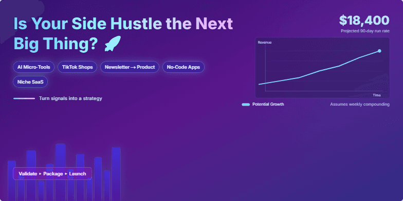 A slide with a neon cityscape backdrop and a dynamic growth chart illustrating the potential of turning a side hustle into a successful business. Animated icons represent trending side hustles.