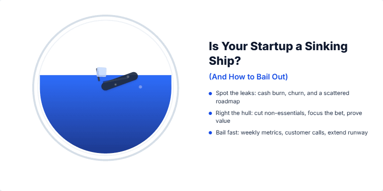 A miniature ship sinking in a fishbowl, illustrating the concept of a struggling startup. The title reads 'Is Your Startup a Sinking Ship? (And How to Bail Out)', with bullet points suggesting solutions for recovery.