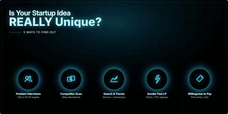 A slide with a dark, futuristic design. The title 'Is Your Startup Idea REALLY Unique?' shimmers in holographic blue. Five glowing icons represent methods to validate startup ideas: problem interviews, competitor scan, search & trends, smoke-test landing page, and willingness to pay.
