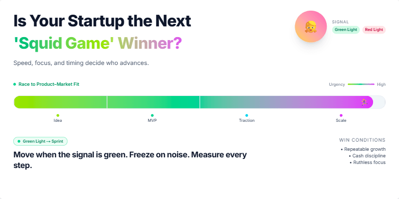 A slide with a 'Squid Game' inspired design. Neon colors, an animated progress bar, and a subtle 'Red Light, Green Light' doll icon convey the urgency and competition of startup growth.