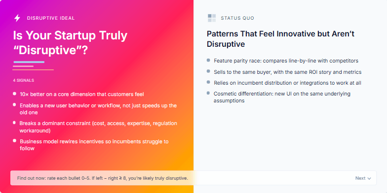 A slide split in half, one side vibrant with a disruptive ideal and the other muted, representing the status quo. The question 'Is Your Startup Truly Disruptive?' is posed.